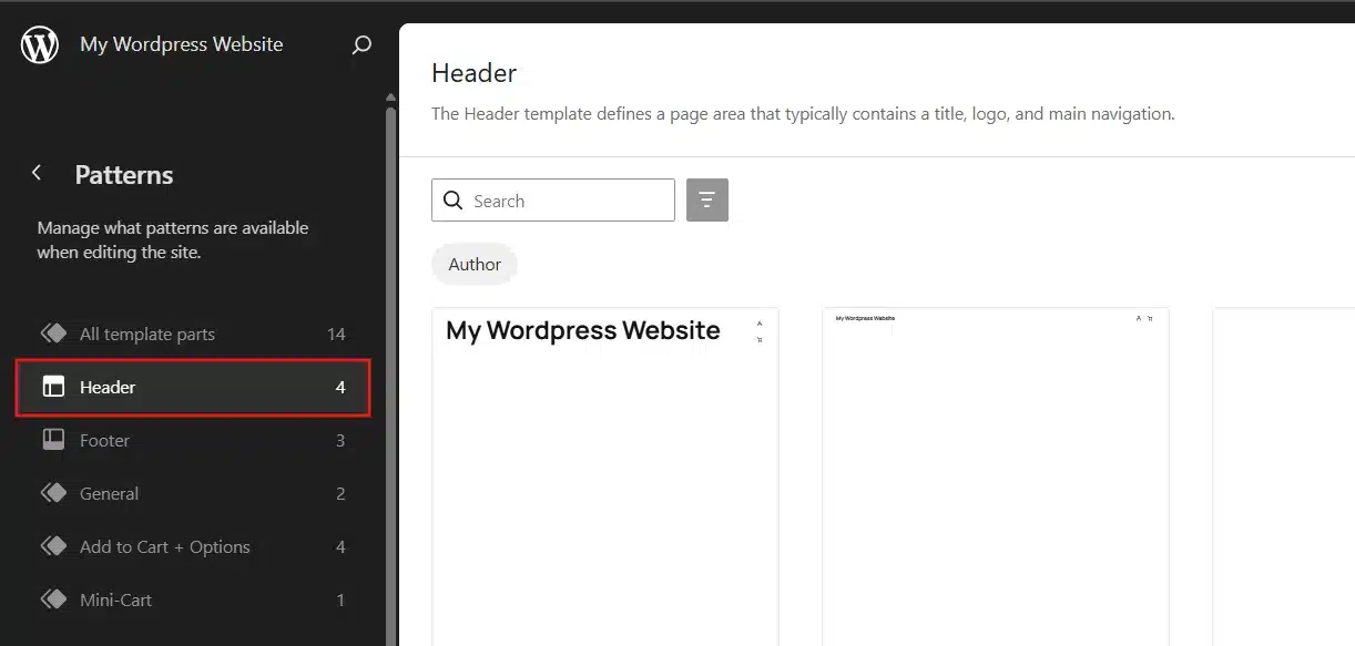 Click Patterns → Header template part.