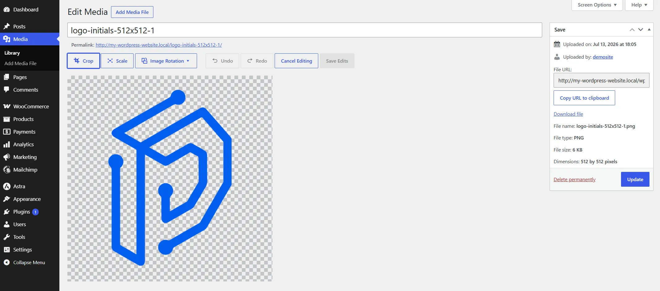 WordPress shows a crop screen. Adjust the crop box, then click Crop Image. Read " Resize Image " in WordPress for detailed steps.