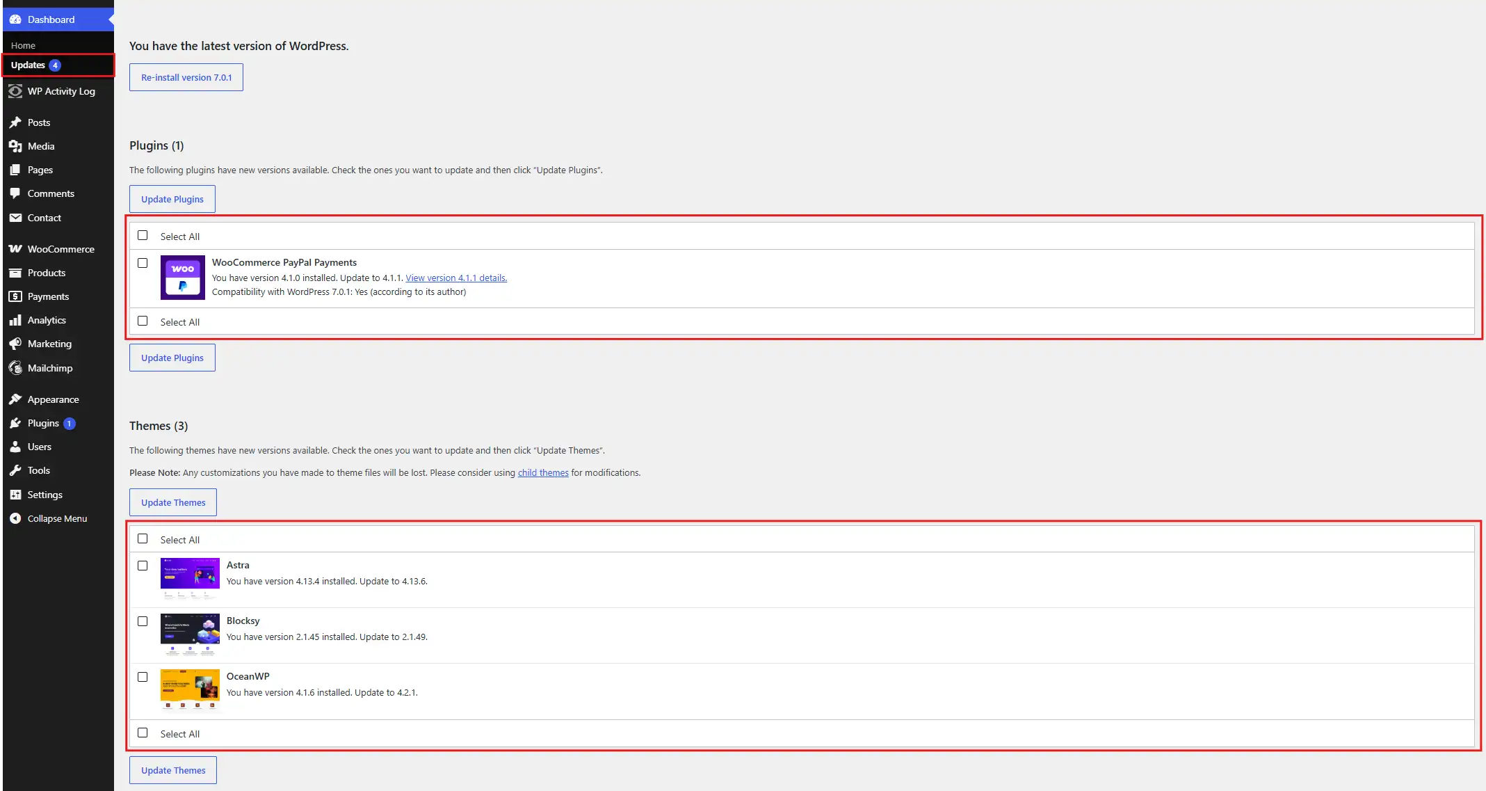 Back up your site, then go to Dashboard > Updates and update everything outdated.