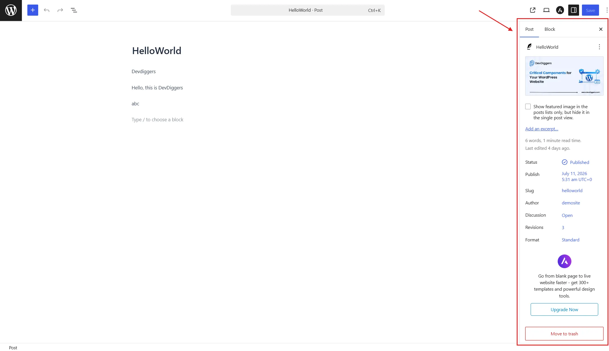 In the Block Editor, look at the right-hand sidebar and click the Post tab if it isn't already selected.