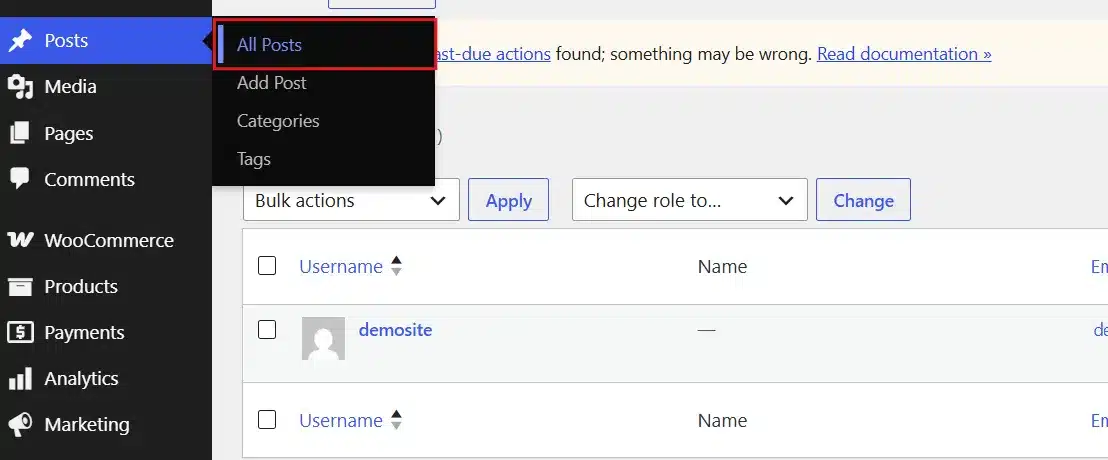 Go to Posts → All posts in your WordPress Dashboard.