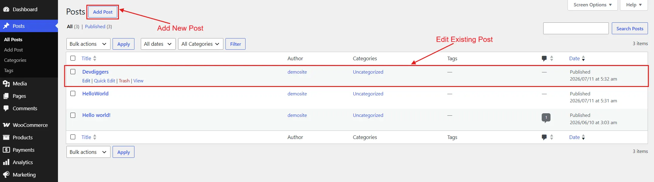 Open the post you want to edit, or click Posts, then Add New for a fresh one.