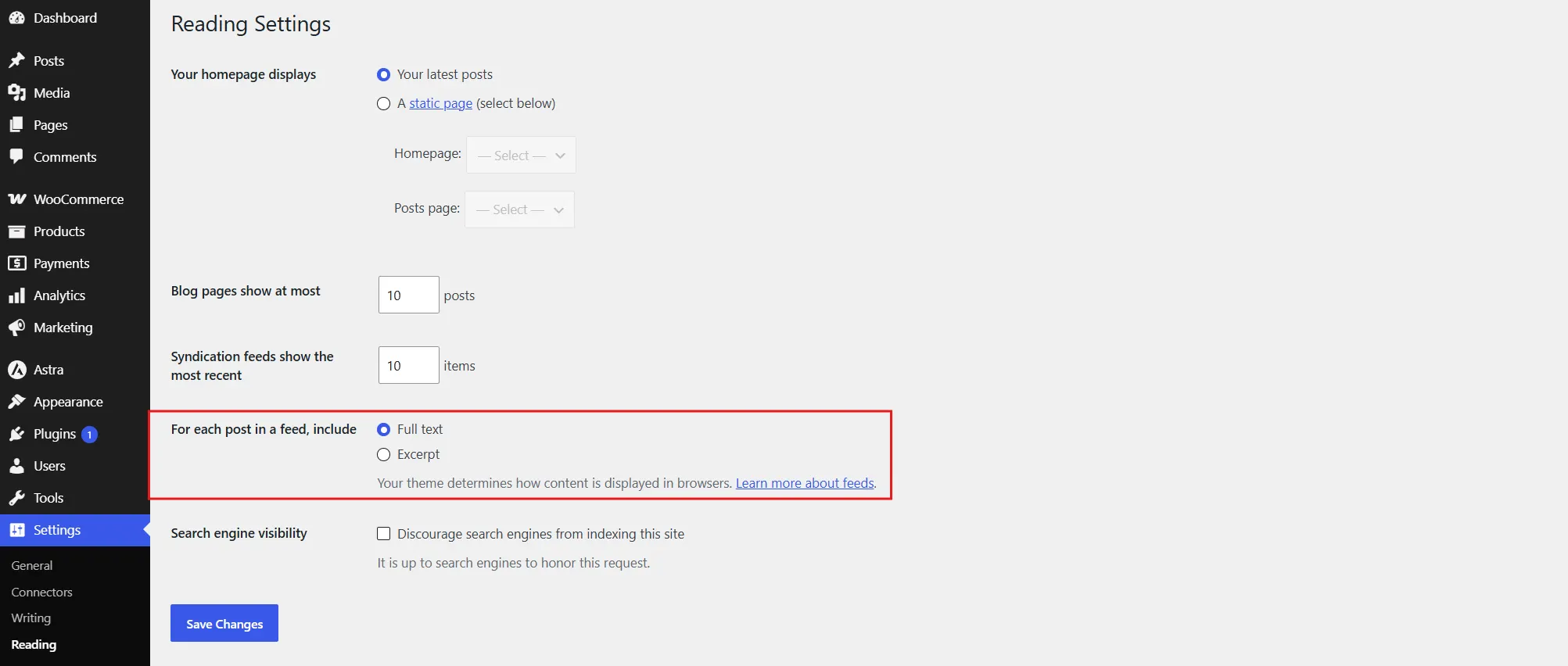 Scroll down to For each post in a feed, include and click Full text.