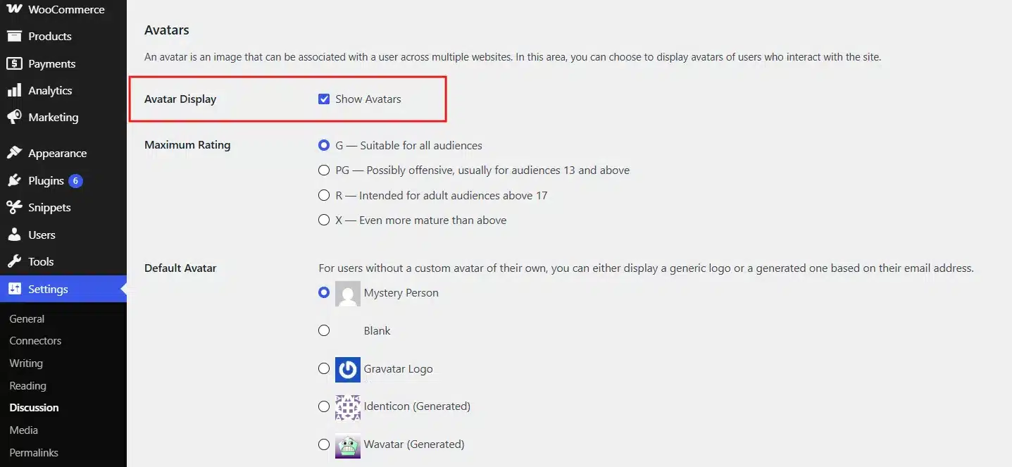 Scroll to the Avatars section near the bottom. Confirm Show Avatars is checked. If it isn't, nothing below matters, since avatars are off entirely.