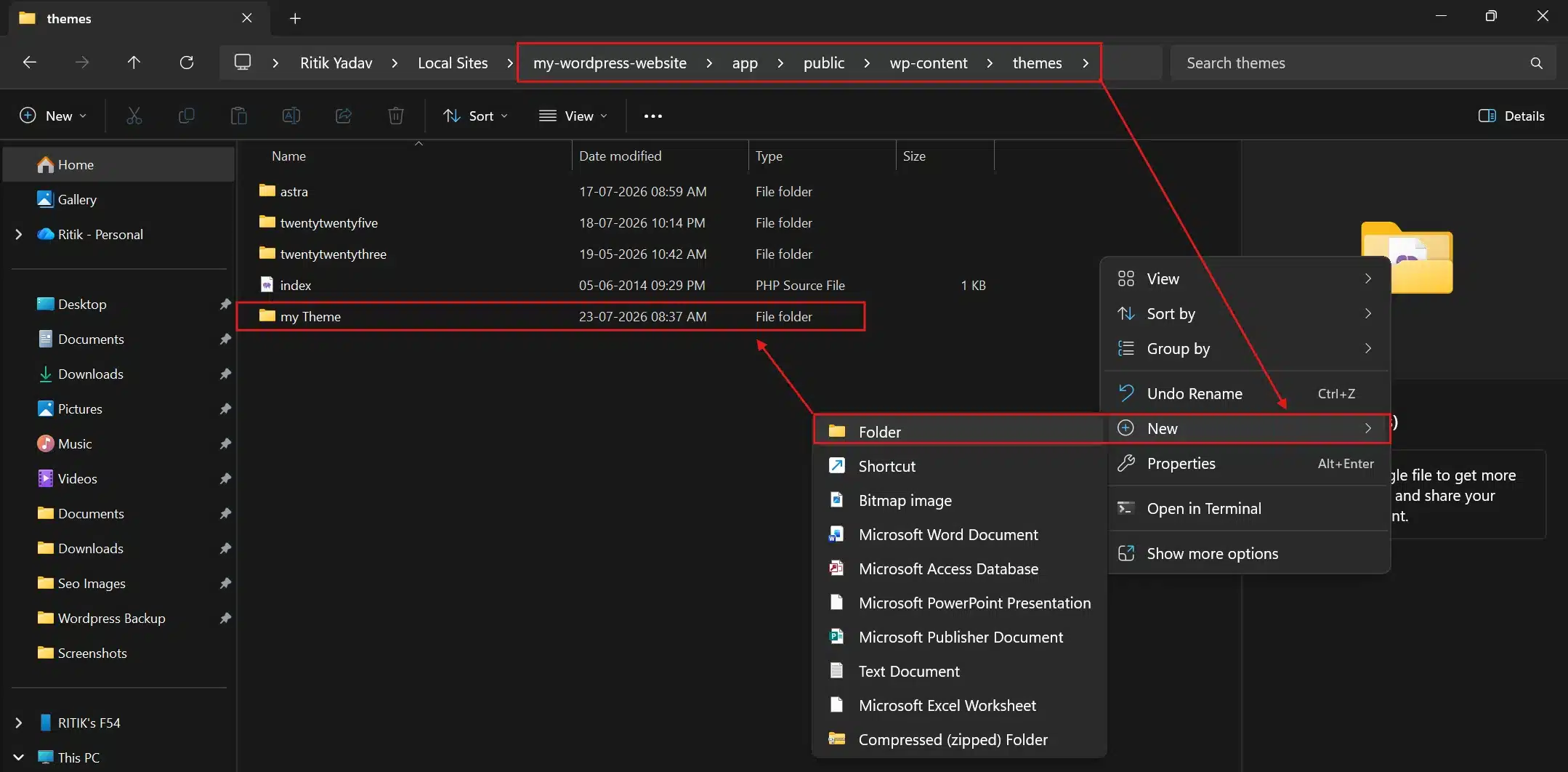 Open your Site Folder and create a new folder inside /wp-content/themes/.