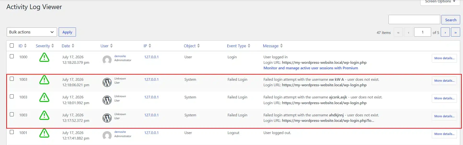 Check your security plugin's Activity Log regularly and set up alerts for suspicious activity.