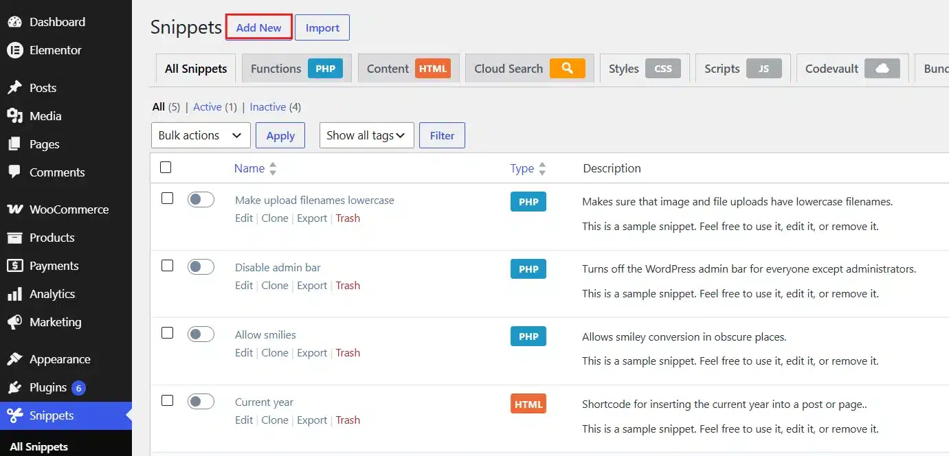 Go to Snippets → All Snippets and open the snippet you created earlier, or add a new one.