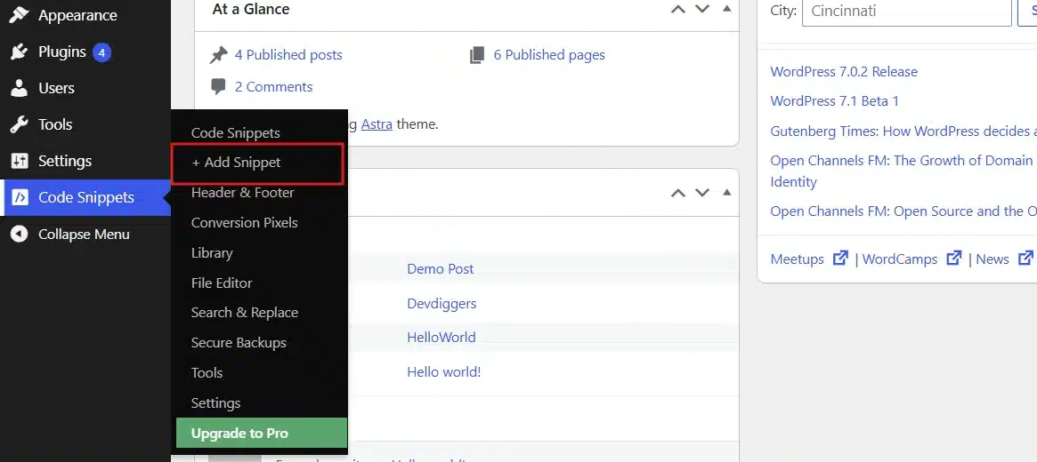 From the left sidebar, click Code Snippets → Add Snippet.