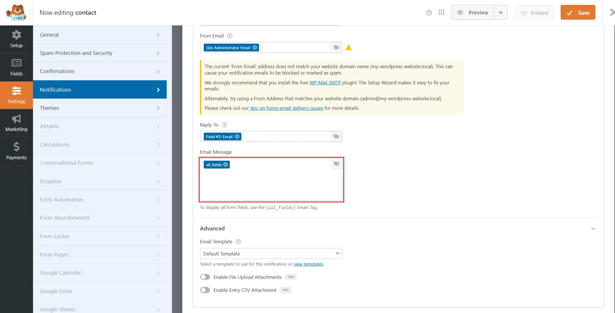 Customise the Email Message field. It contains the {all_fields} smart tag by default, which pulls in all the form field data (name, email, message, etc.) submitted by the visitor. You can edit this to add/remove specific fields.