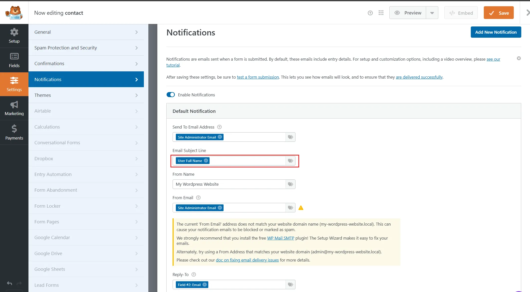 Edit the Email Subject Line. The default uses the User Full Name smart tag. You can change it to something like "New message from {name}" using the smart tags available via the tag icon.