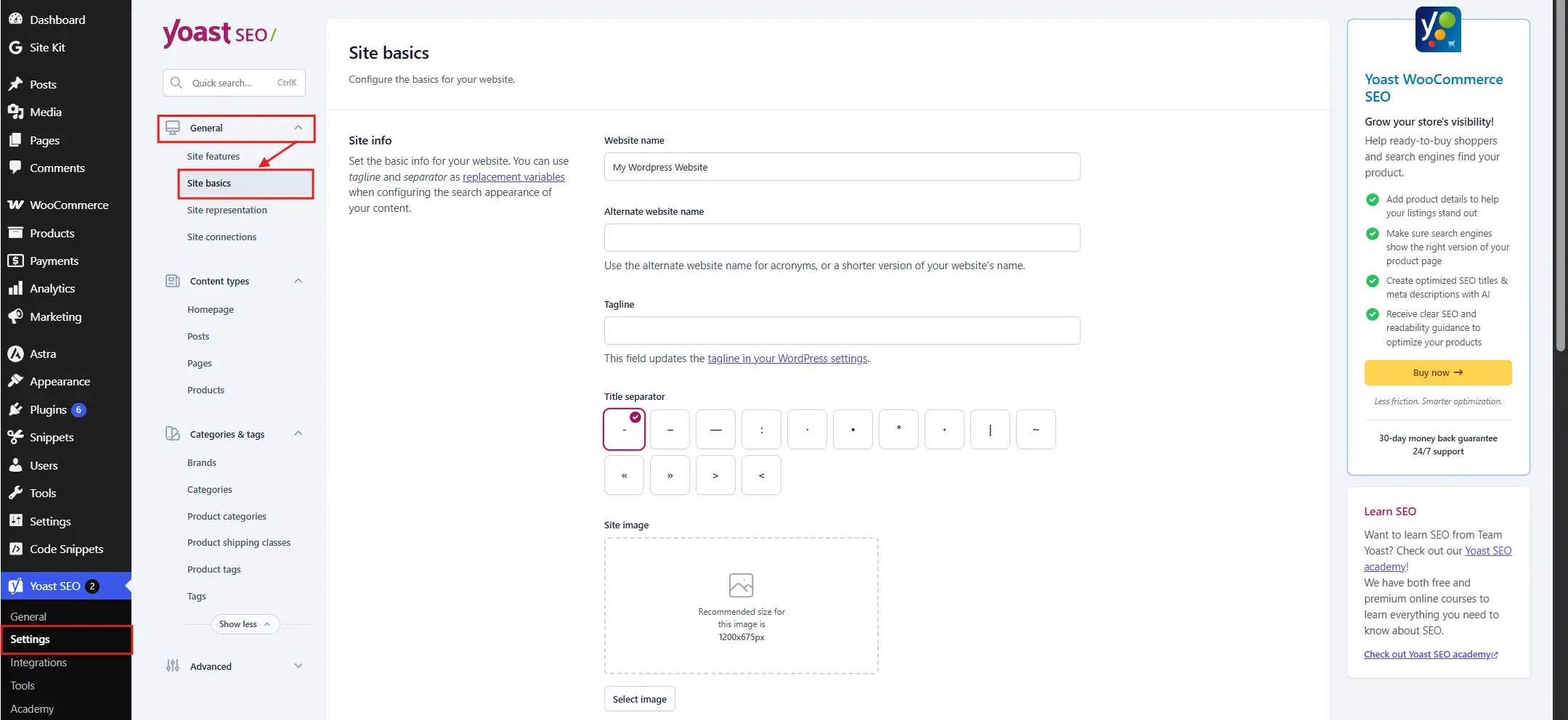 Open your SEO plugin's settings (in Yoast: General → Site Basics).