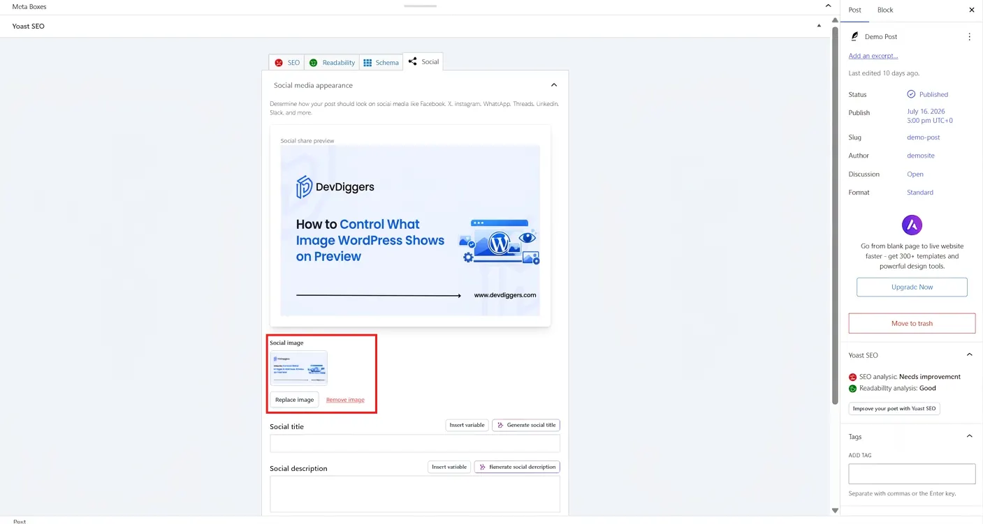 Swipe up the Yoast Seo Box from the bottom and go to the Social Tab → Social Image and upload the image.