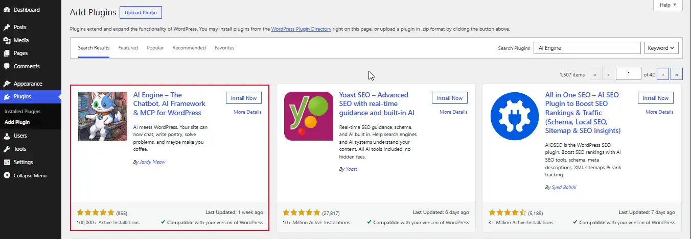 Activate and Install AI Engine Plugin from WordPress Plugin Directory.