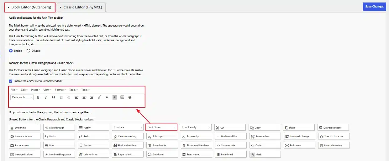 Drag the Font Sizes option from Unused Buttons into the Block Paragraph toolbar.
