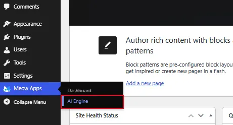 Open the new AI Engine menu item in your sidebar to confirm the install worked.