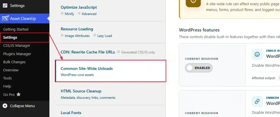 After Installation, Go to  Asset CleanUp → Settings → Common Site-Wide Unloads.