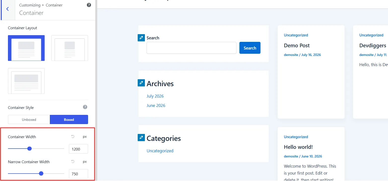 Inside the Container Section, Scroll to Container Width and enter your target pixel value.