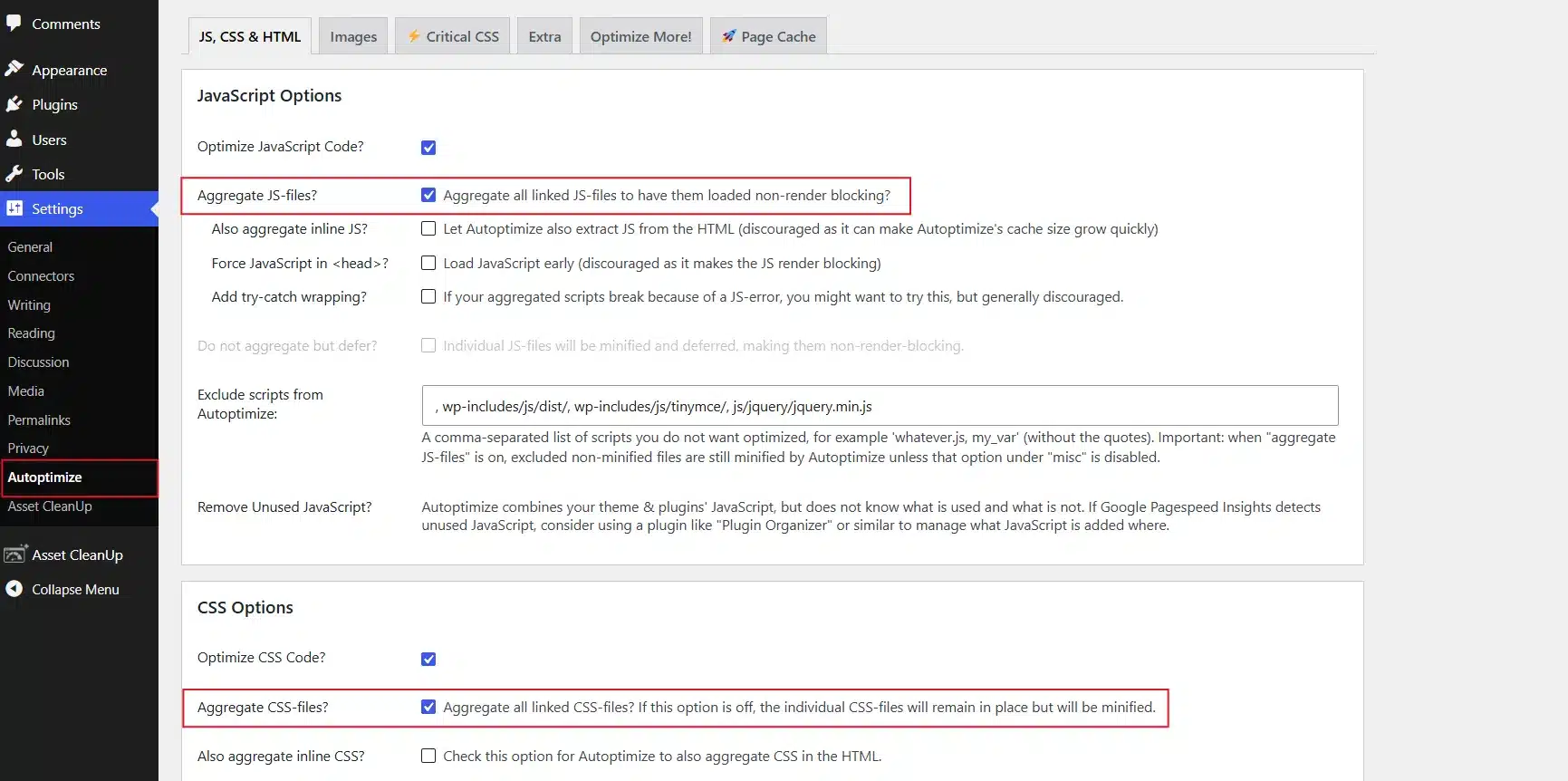 After Installation, go to Settings → Autoptimize and turn on Aggregate CSS files and Aggregate JS files.