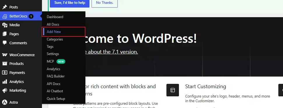 Now, go to BetterDocs → Add New to open an editor that looks like the normal WordPress post editor.