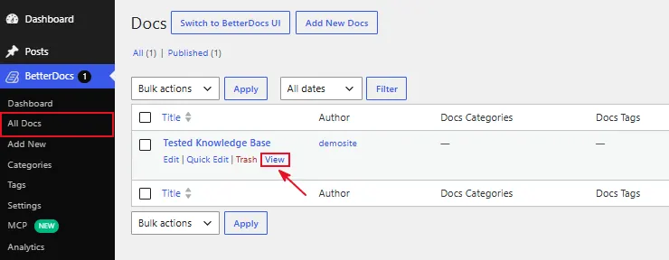 Go to BetterDocs → All Docs and tap View on your knowledge base.