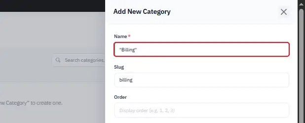 Name your first category using something specific, like "Billing" or "Getting Started," not a vague label.