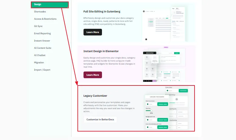 Go to Design →  Legacy Customizer to adjust colors and branding to match the knowledge base design to the rest of your site.