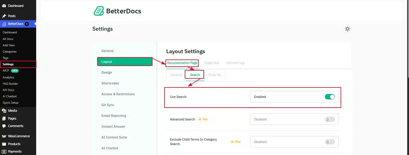 Go to Layout → Documentation →  Search to turn on the search bar so customers can find articles without browsing every category.