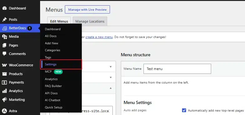 Go to BetterDocs →  Settings to open plugin settings.

