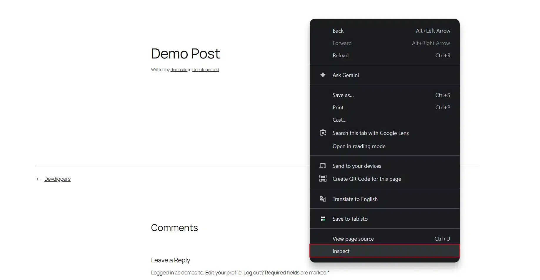 Select Inspect to open your browser's developer tools.