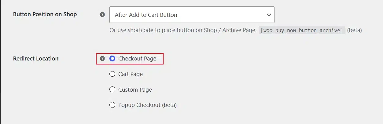 Now Select, Redirect Location → checkout page as the target, so the button skips the cart page entirely.