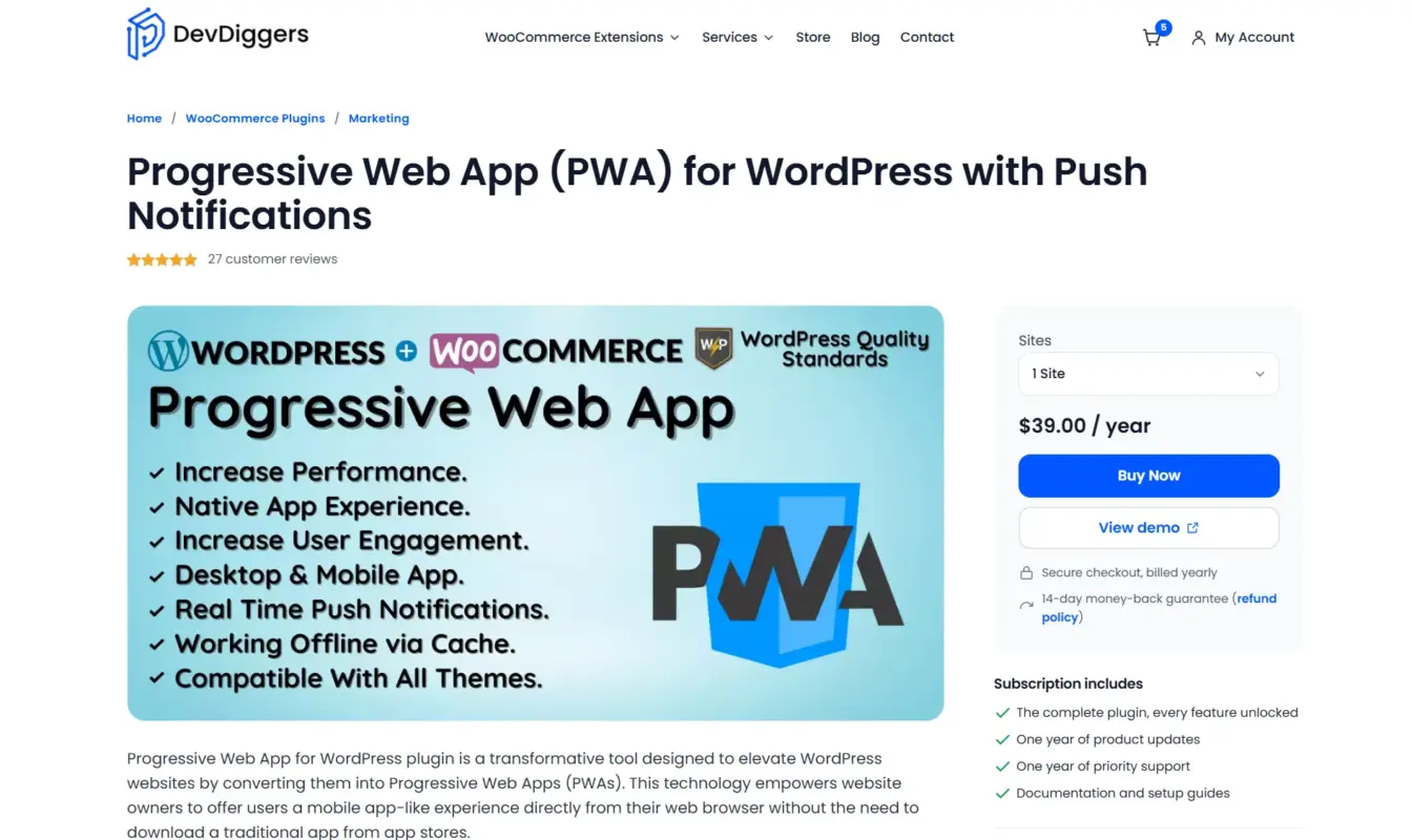 Progressive Web App for WordPress by DevDiggers: WooCommerce Stores