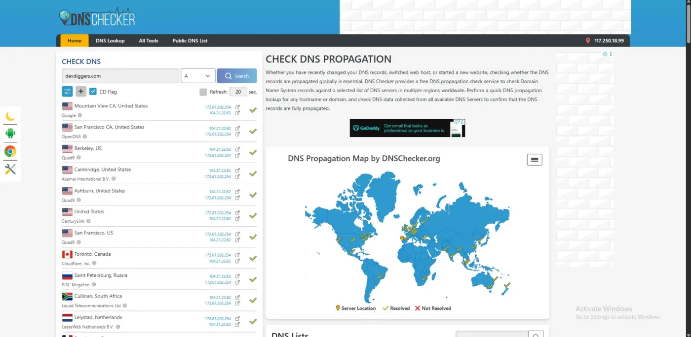 DNS Checker A record results used to find the IP address of a WordPress site