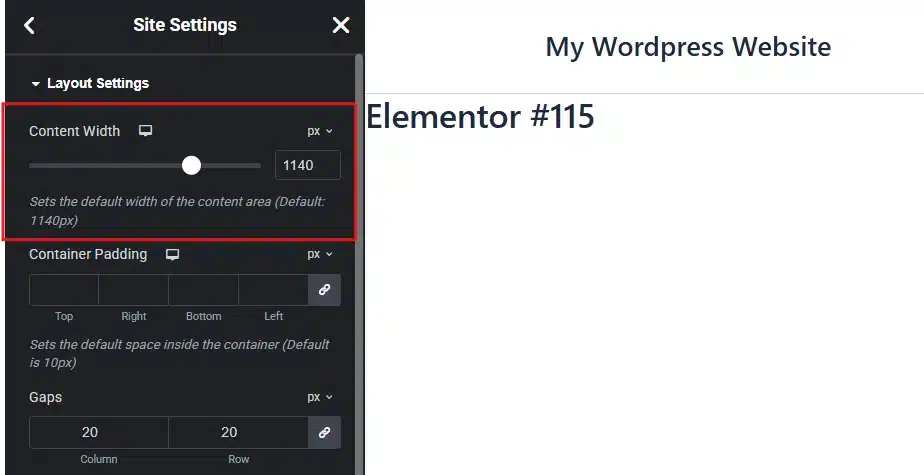 Open the Content Width field and set your desired pixel value.