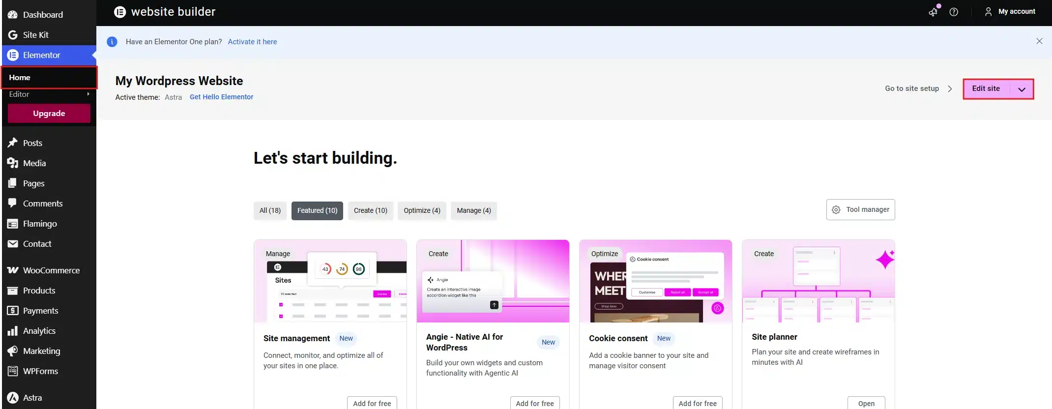 Go to Elemntor → Home → Edit Site to access Layout Options.