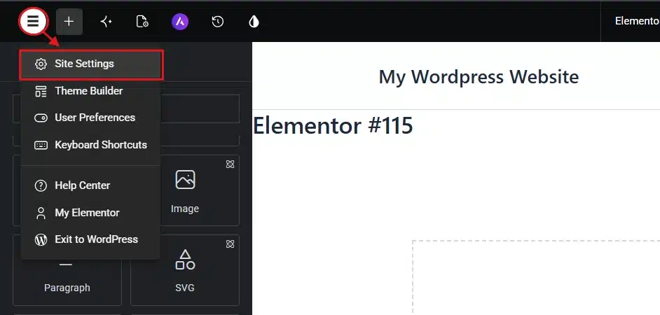 Now, go to Elementor icon → Site Settings.