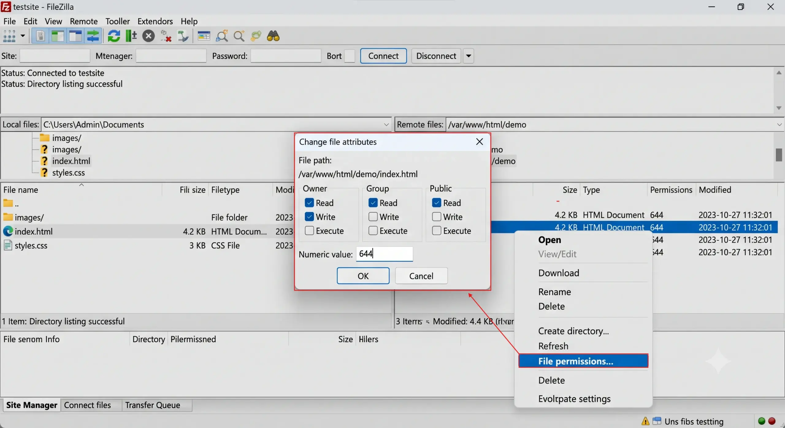 If any are wrong, right-click the file or folder, select File Permissions or Change Permissions, and update the number.