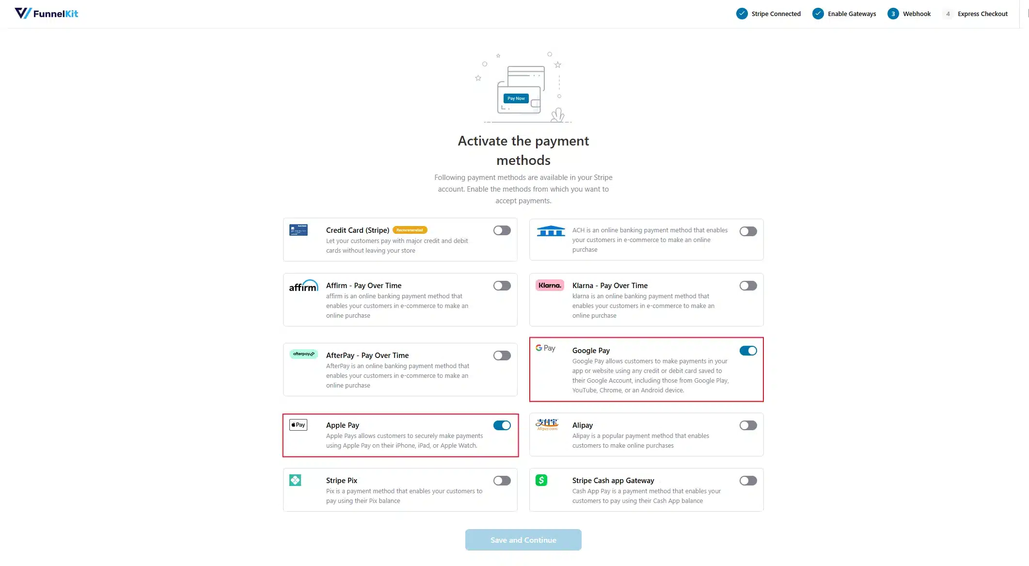 Inside the plugin's Express Checkout tab, turn on Apple Pay and Google Pay, then confirm the webhook setup when prompted.