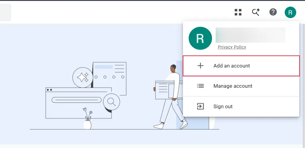 Google account menu with the add account option