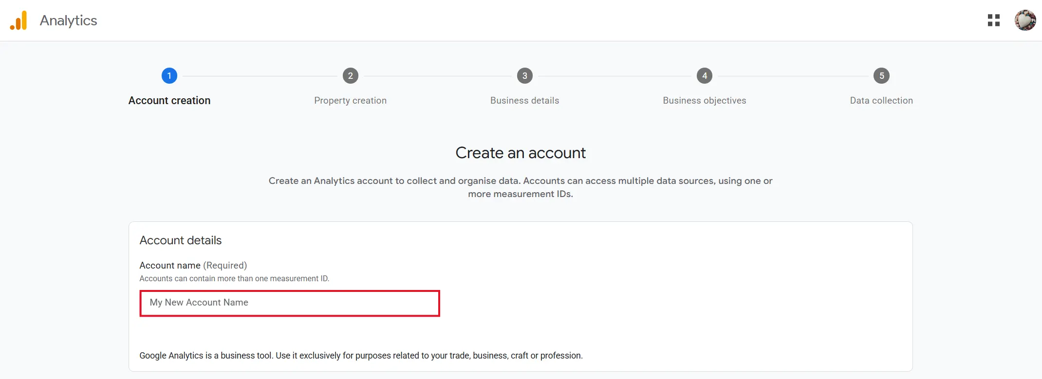 Account name field in Google Analytics