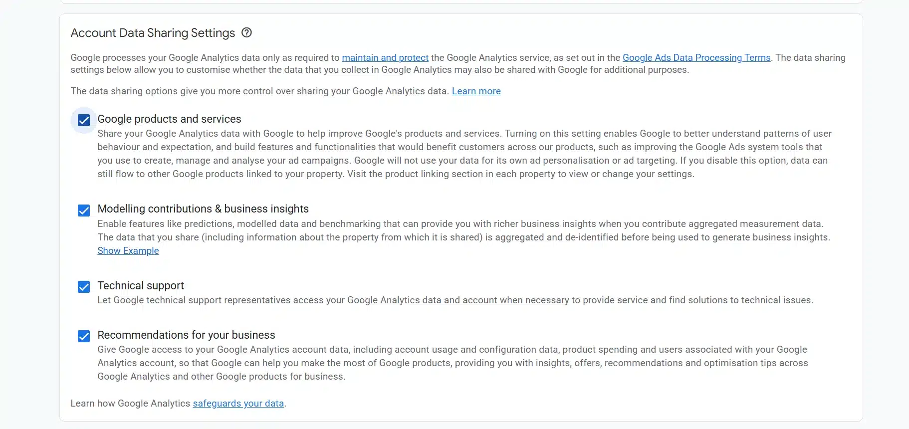 Data sharing settings for a new Google Analytics account
