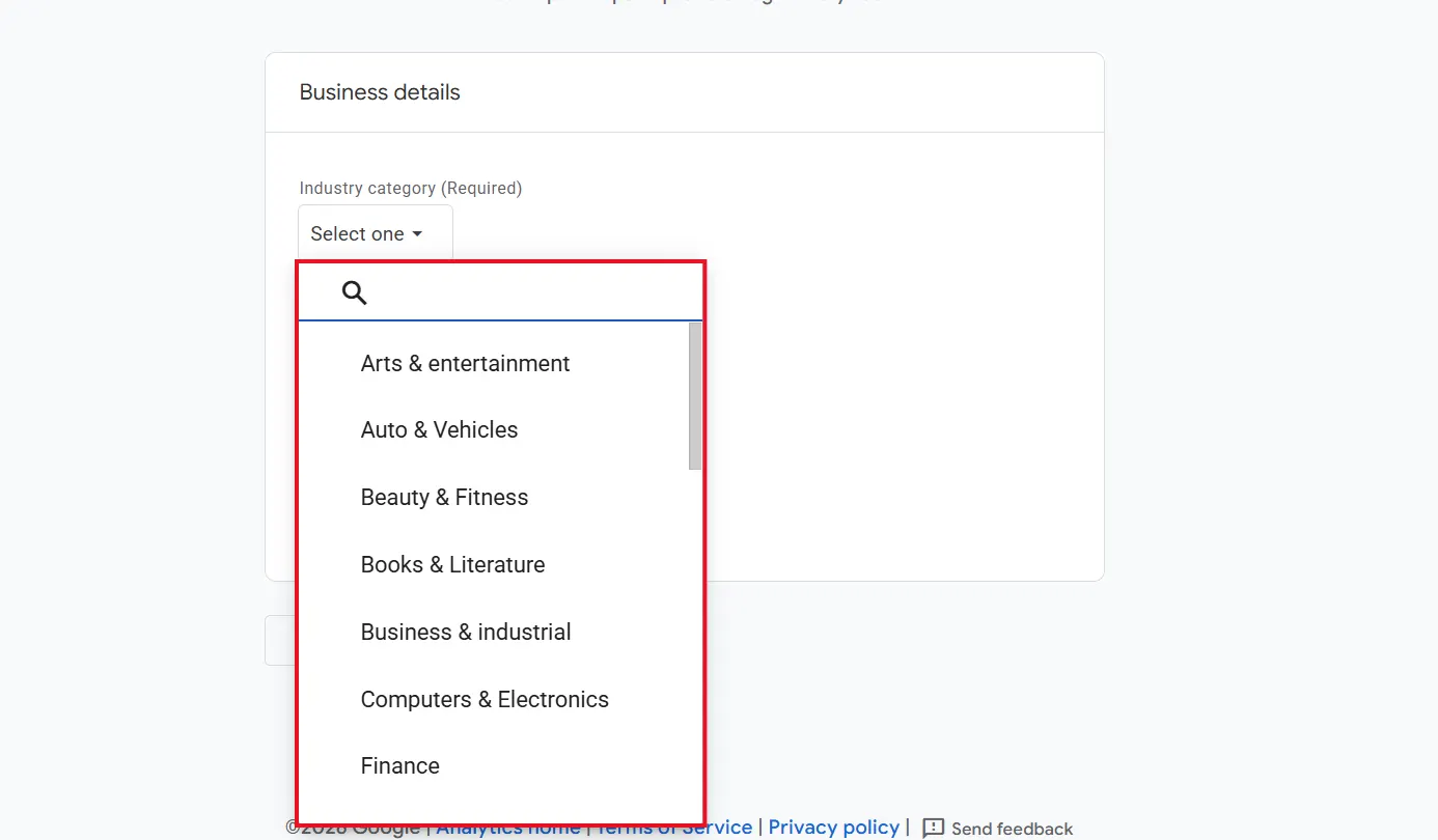 Industry category dropdown in Google Analytics