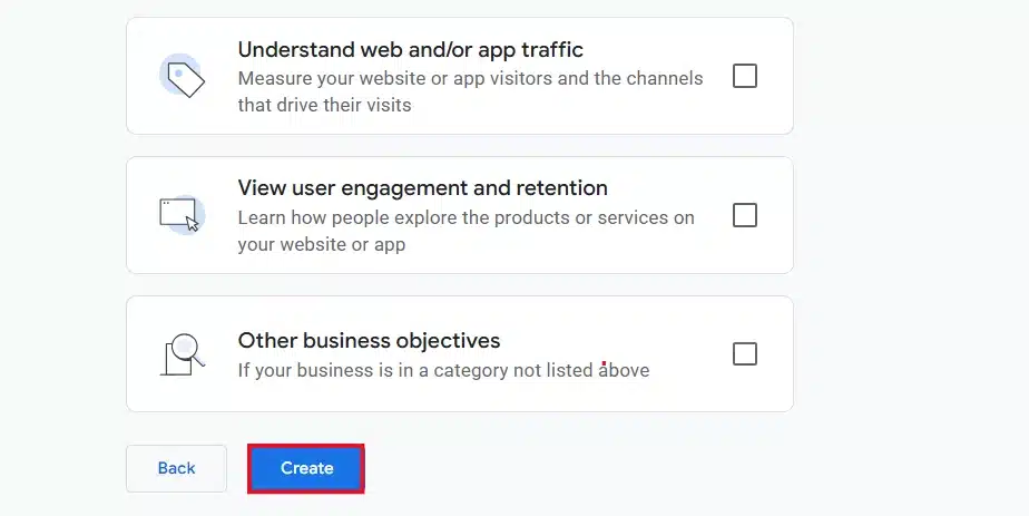 Create button on the business objectives screen
