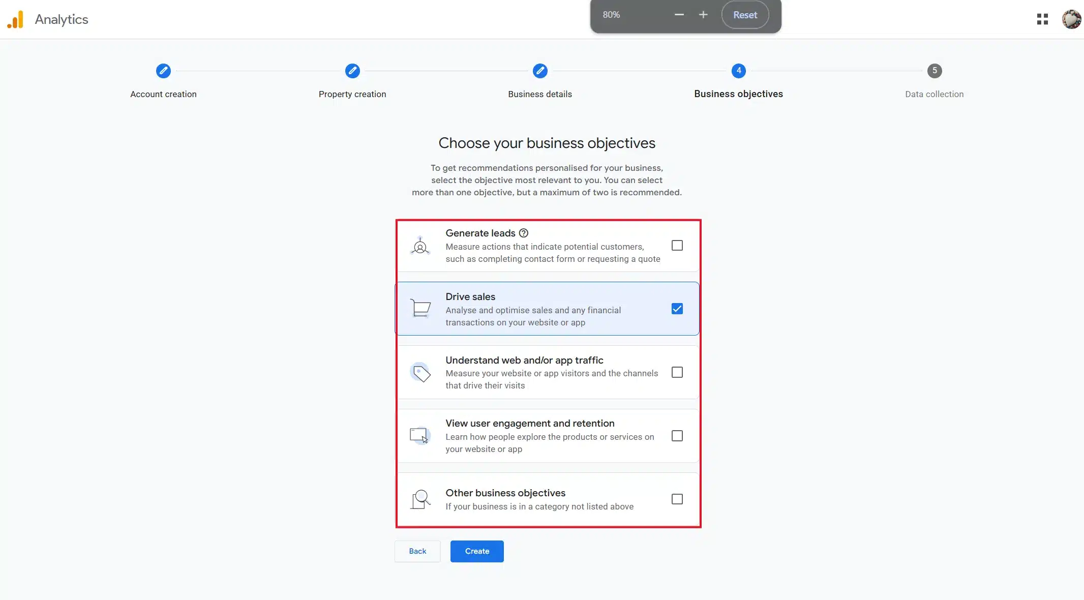 Business objectives screen in Google Analytics