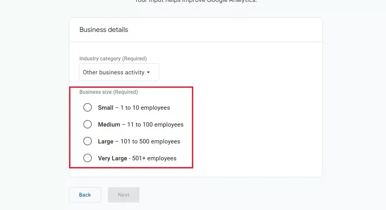 Business size options in Google Analytics