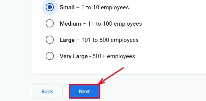 Next button after choosing business size