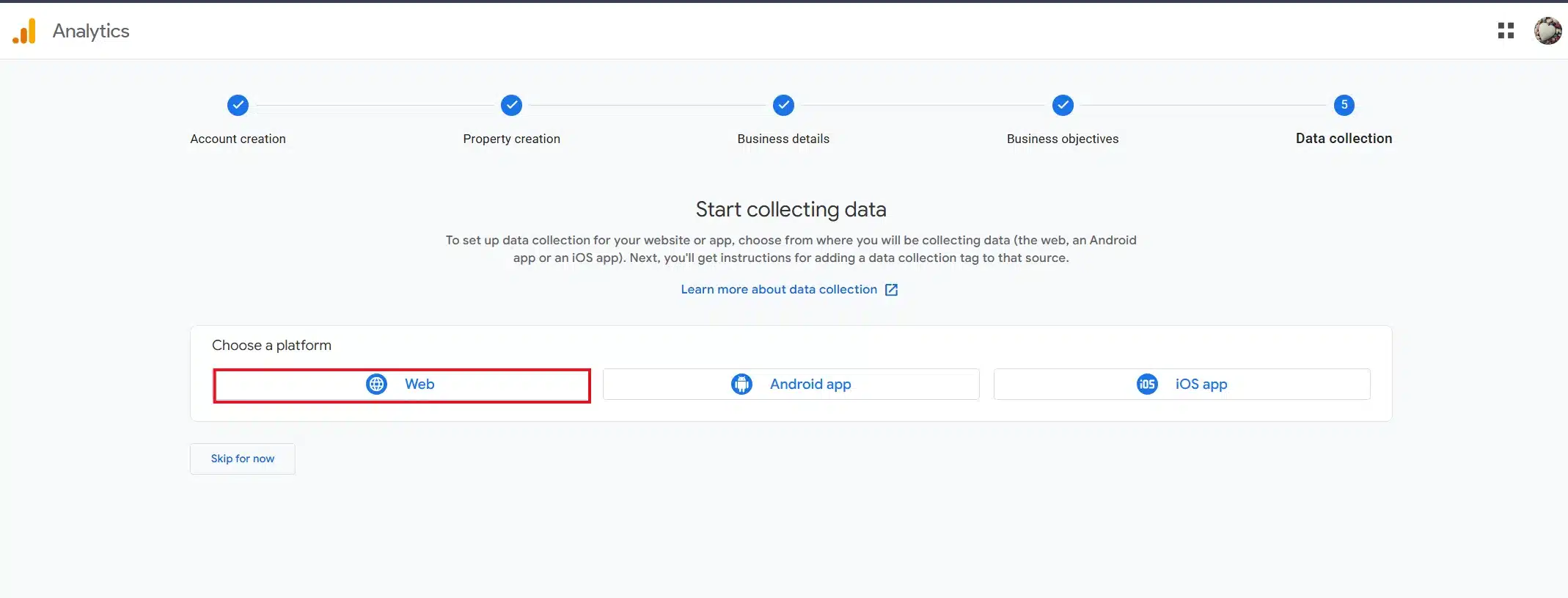 Web option on the Google Analytics platform screen