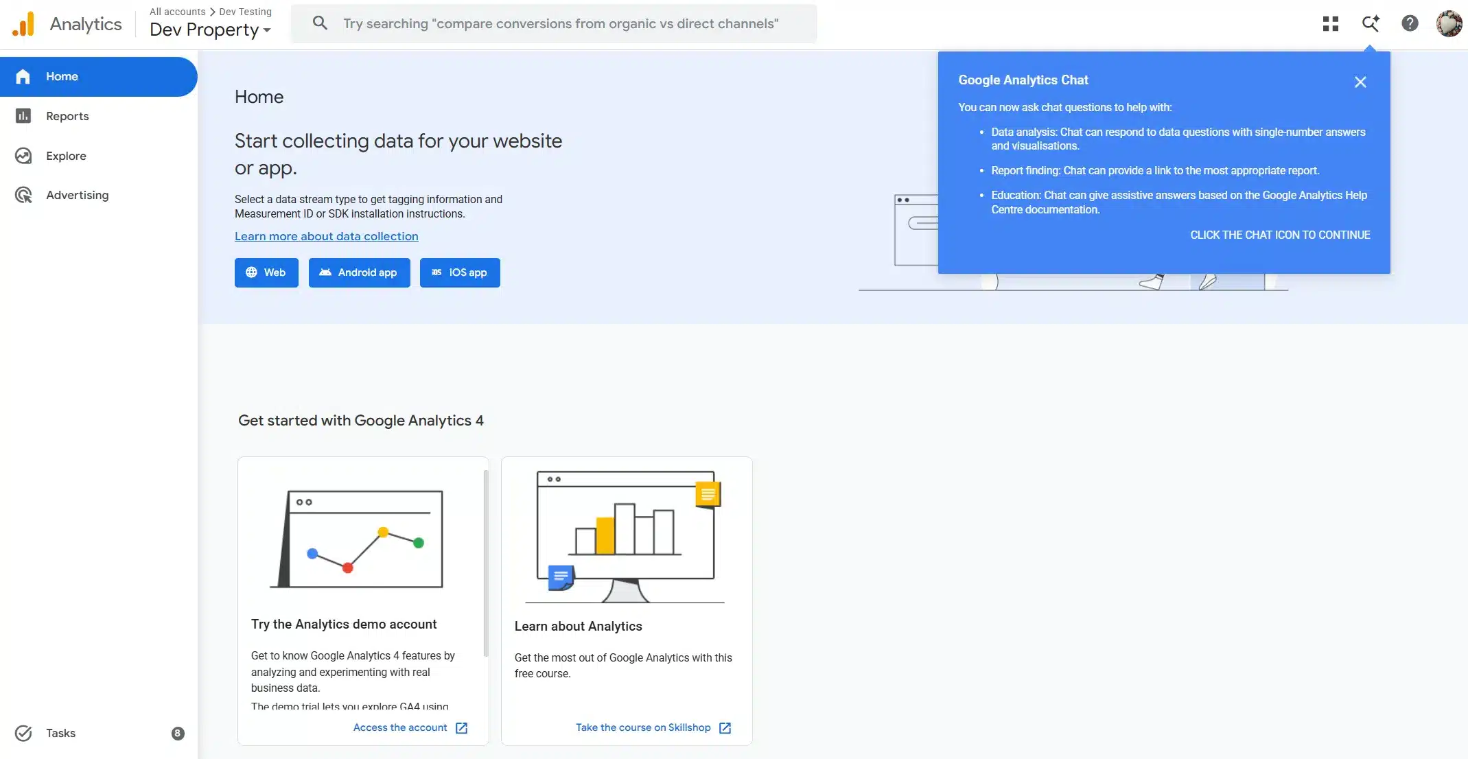 Google Analytics home after data starts arriving