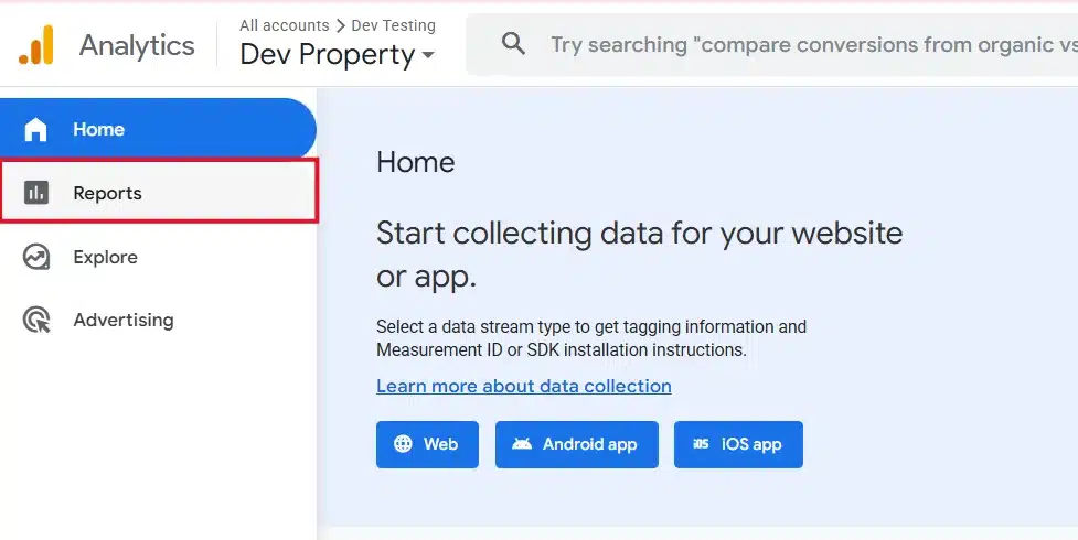 Reports menu in the Google Analytics sidebar