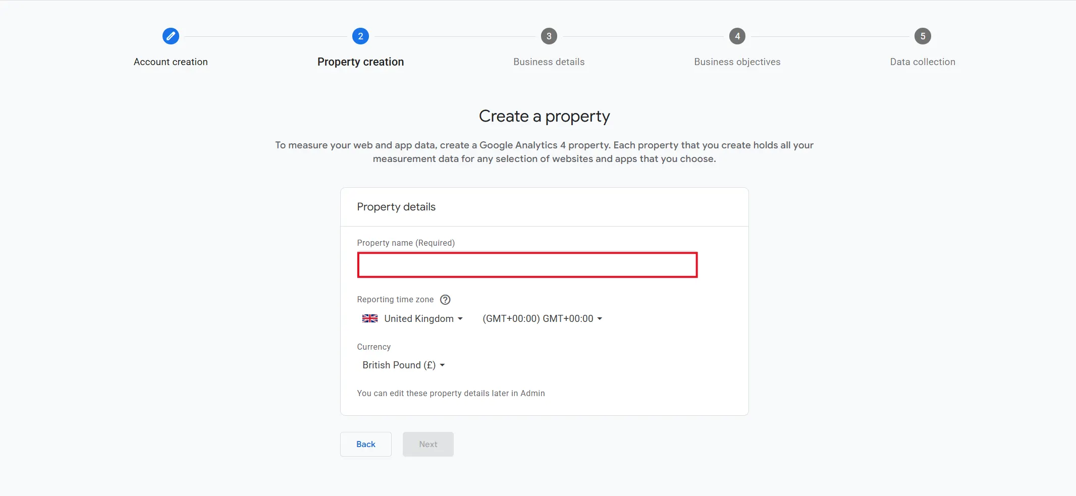 Property name field for a GA4 property