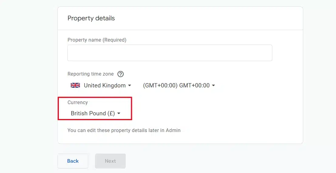 Reporting time zone and currency for a GA4 property